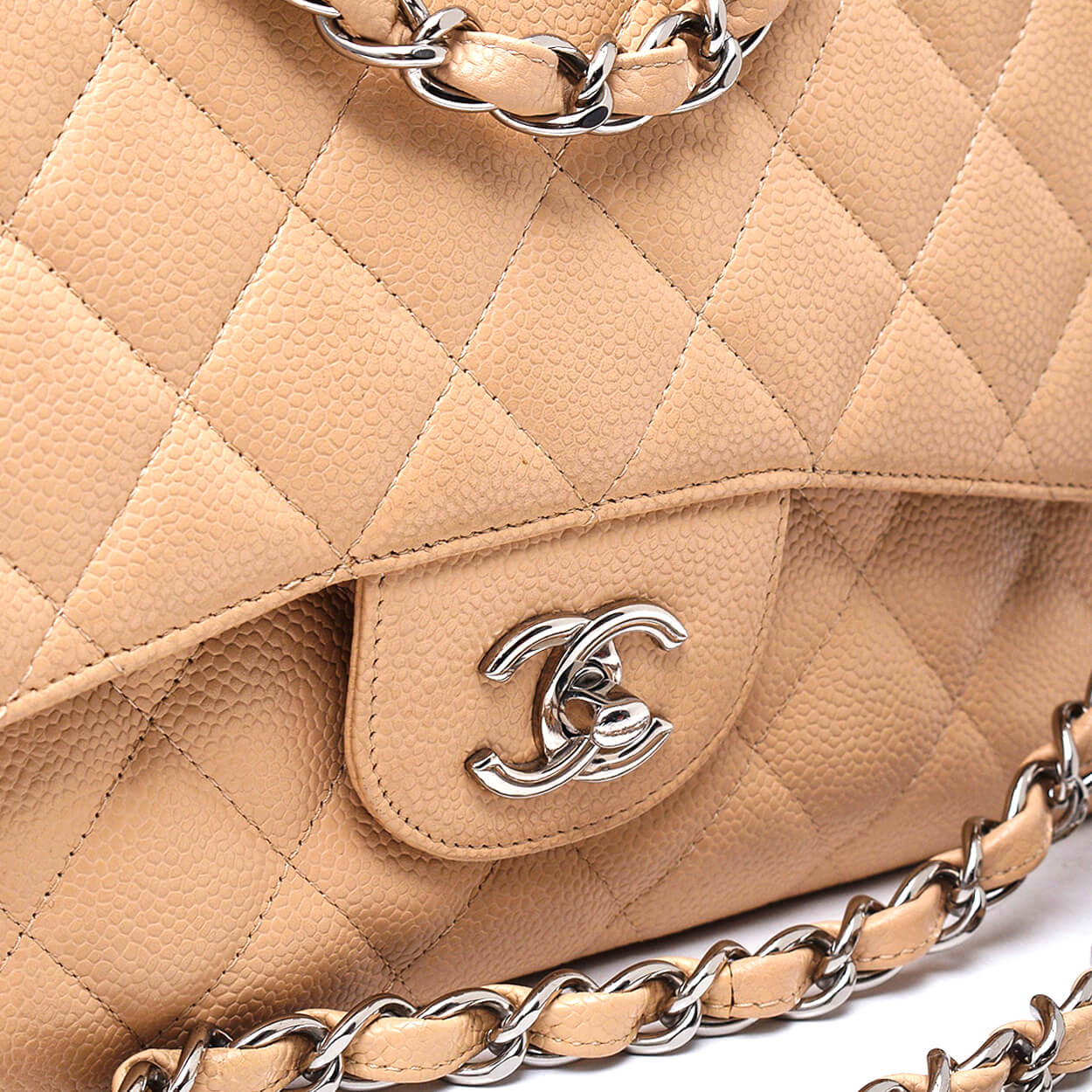 Chanel - Beige Caviar Leather Single Flap Jumbo Flap Bag